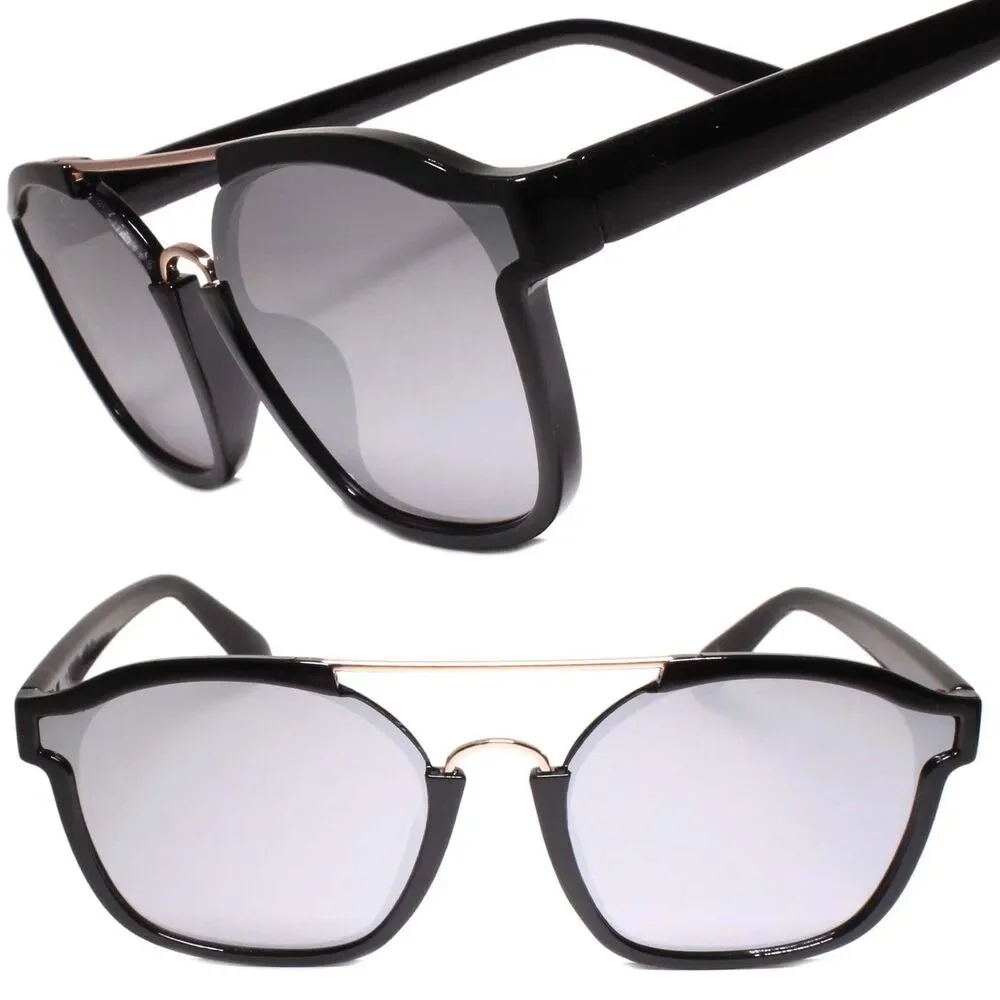 Retro Style Mens Womens Sun Glasses Square Black Frame Chrome Mirrored Lens